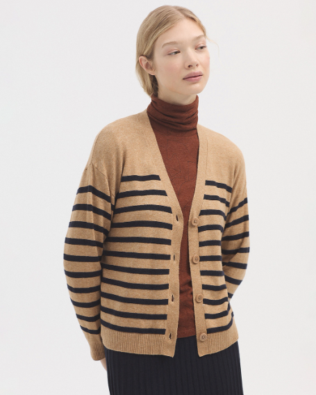 Nice Things Placement Stripe Cardigan - beige & black